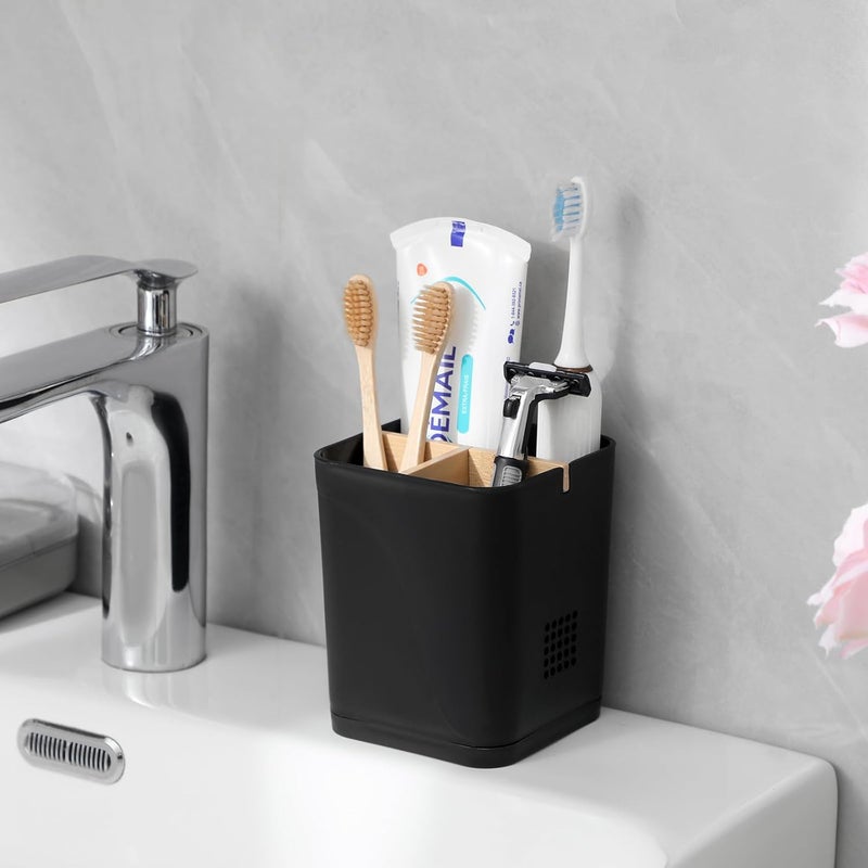 Heagoale Electric Toothbrush Holder 3 Slots Tooth Brushing Holder with Bamboo Dividers for Bathrooms, Plastic Toothbrush and Toothpaste Organizer for Shower, Countertop, Vanity, Black - Image 2
